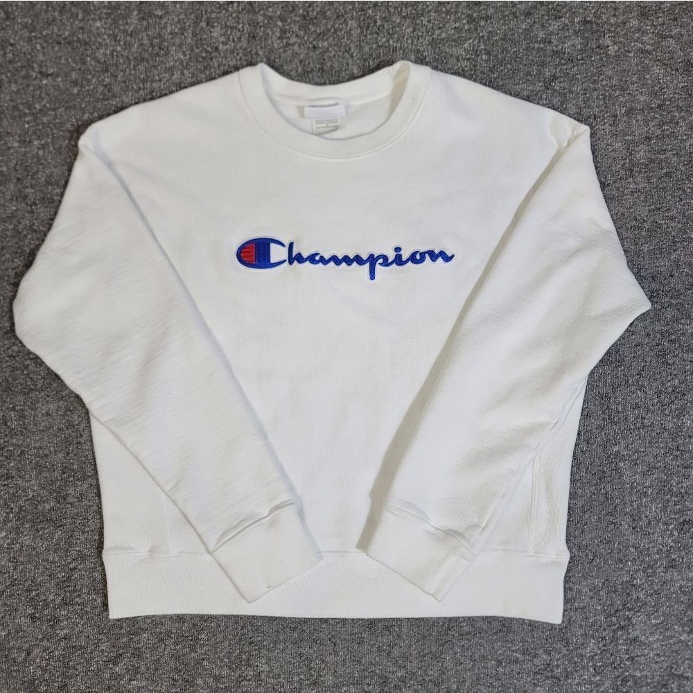 Champion Reverse Weave Cropped Crewneck Sweatshirt White Logo Women’s L